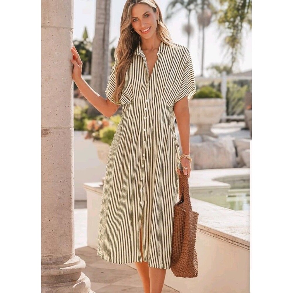 Cupshe Striped Short Sleeve Button Front Maxi Dress Brown Beige Women's Small